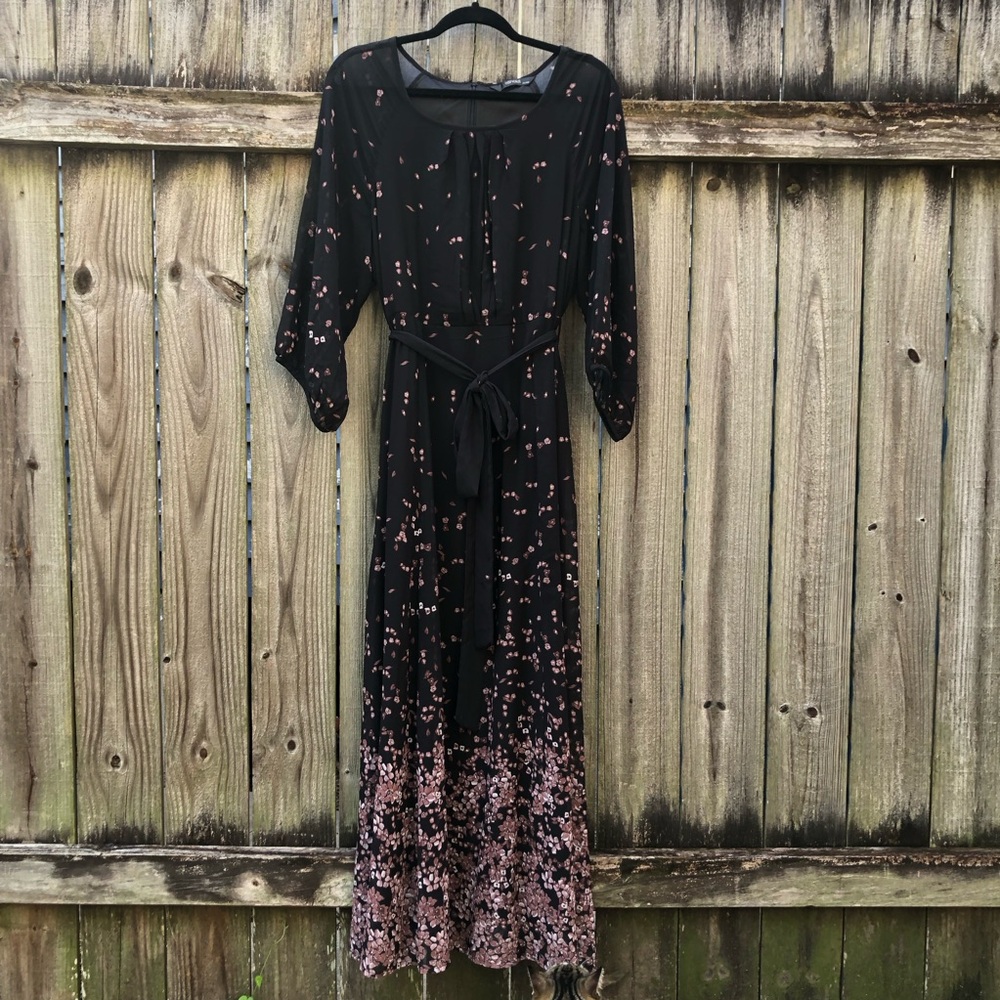 EShakti Dark Floral Maxi Dress Sheer Balloon Sleeves Size 2X Black Mauve